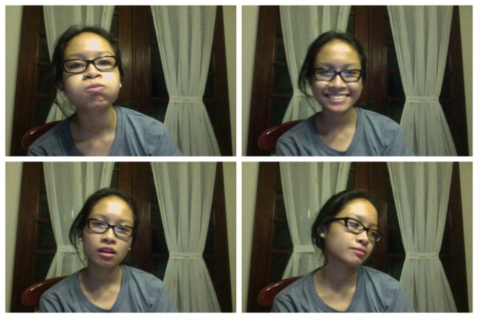 Figure 1. JARI AFTER SHE HAS READ BIOCHEM. (a) She has lost her mind. (b) Still knows how to fake a smile. (c) Quite empty of motivation, and her back hurts, so she must sleep. (d) Looking forward to studying Bio 116 tomorrow.  