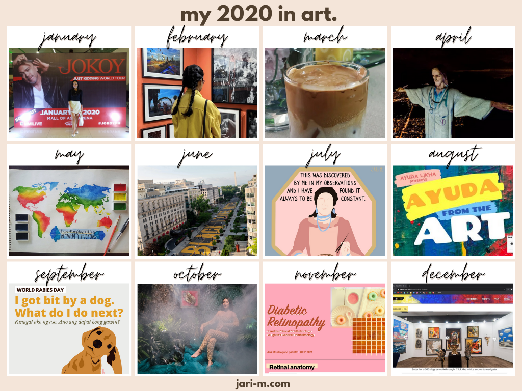 my 2020 in art. a calendar showing a featured artwork for each month.